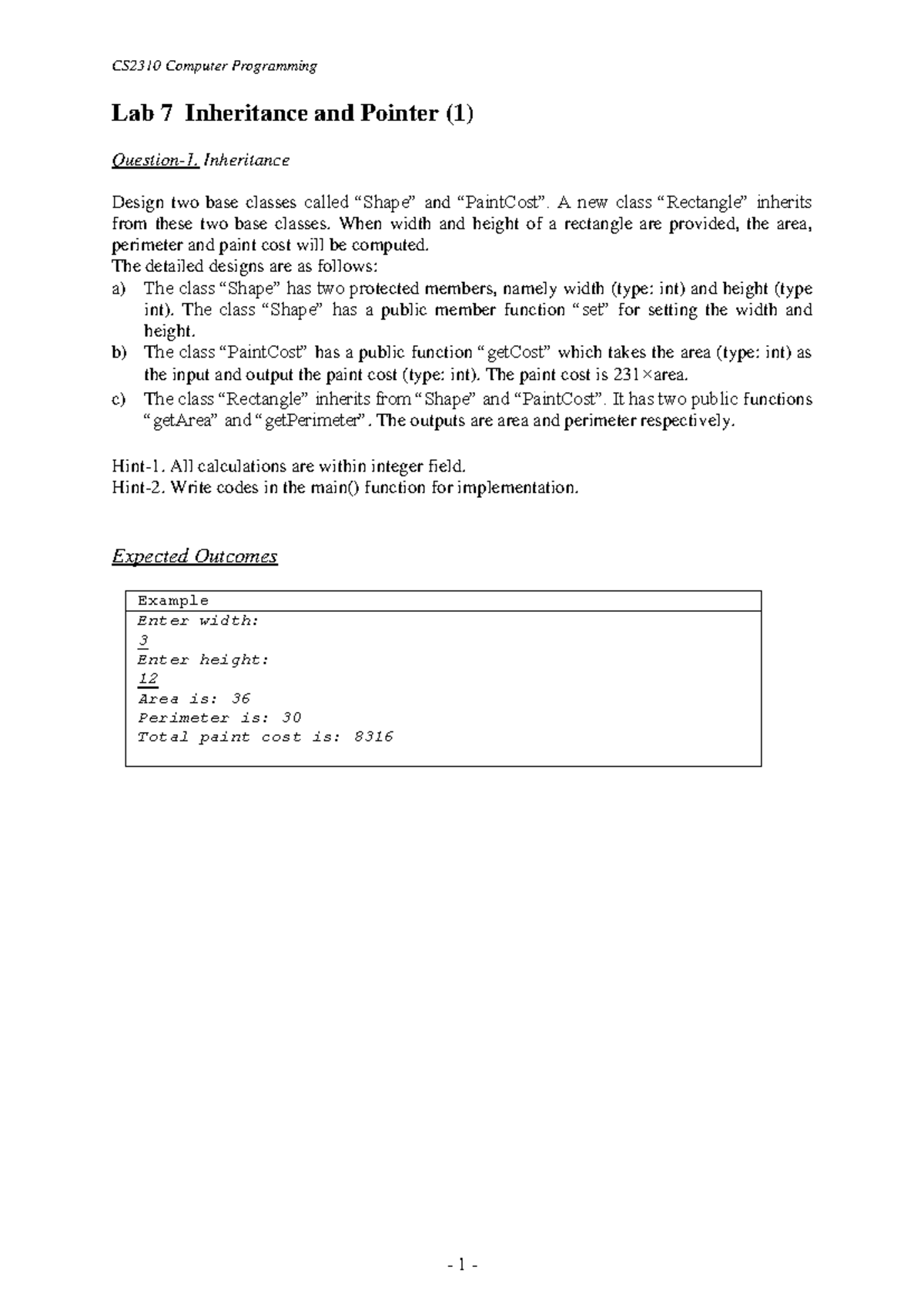 CS2310 Lab 7: Inheritance and String Comparison in C++ - Studocu
