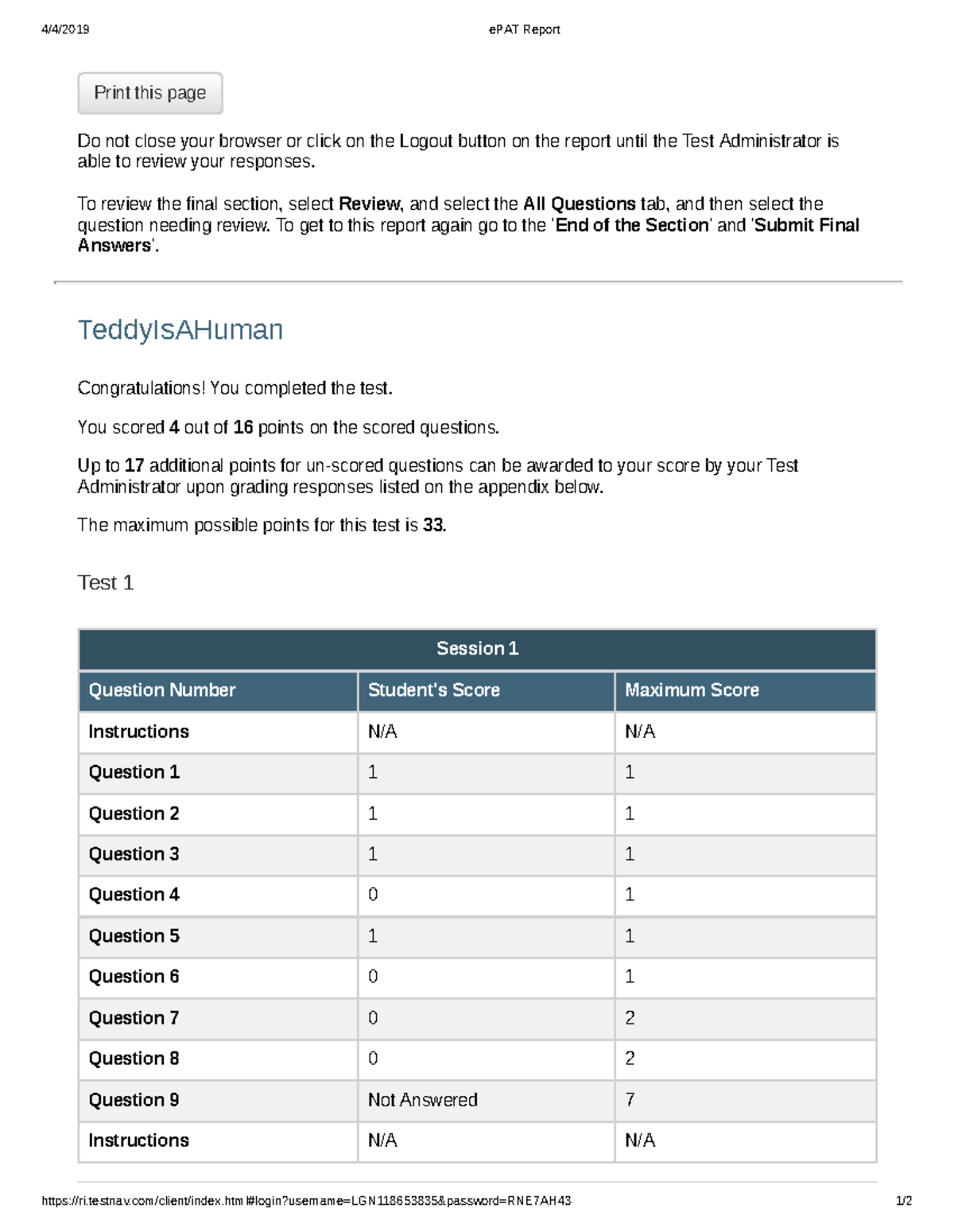 ePAT Test Report: Session 1 Results and Review Instructions - Studocu