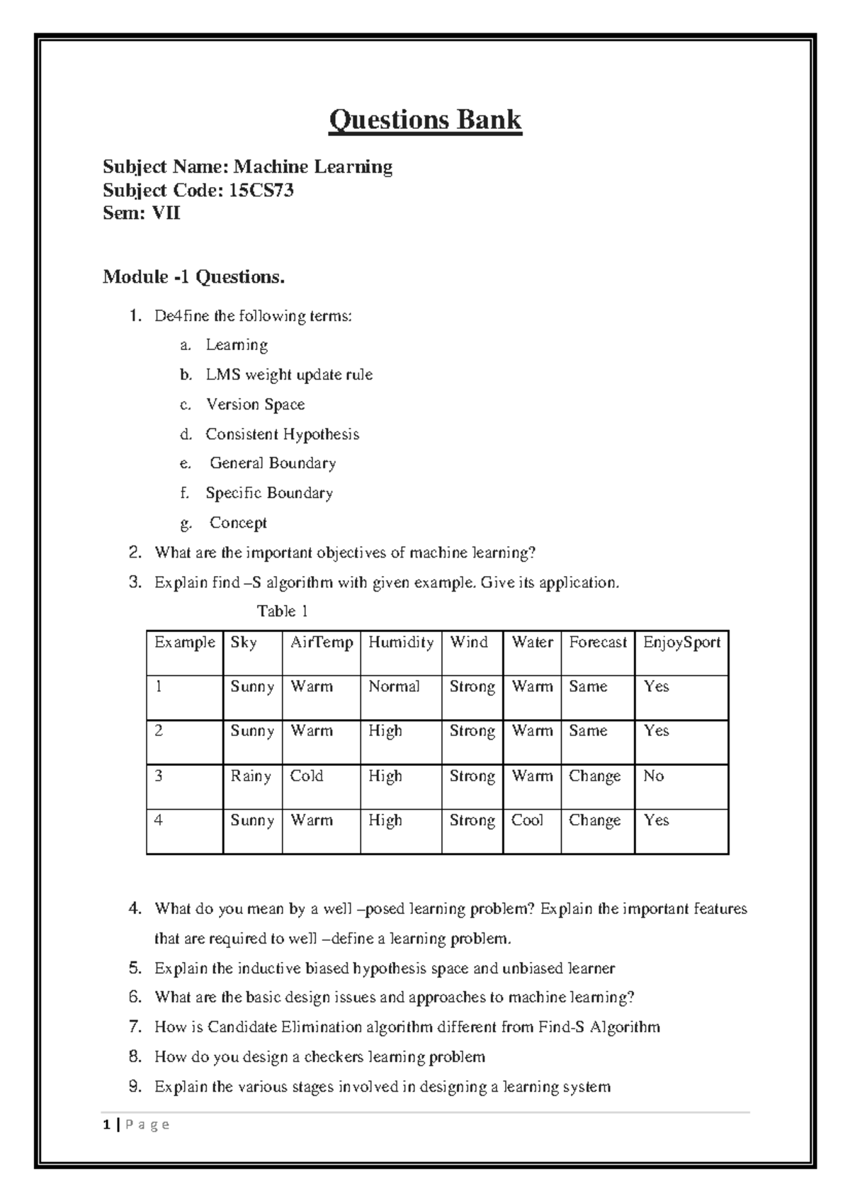 Machine Learning Model Question Paper - 15CS Sem VII Exam - Studocu