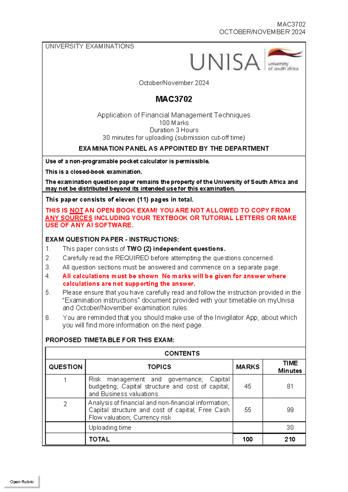 Title: MAC3702 Financial Management Techniques Exam Paper - Oct/Nov ...