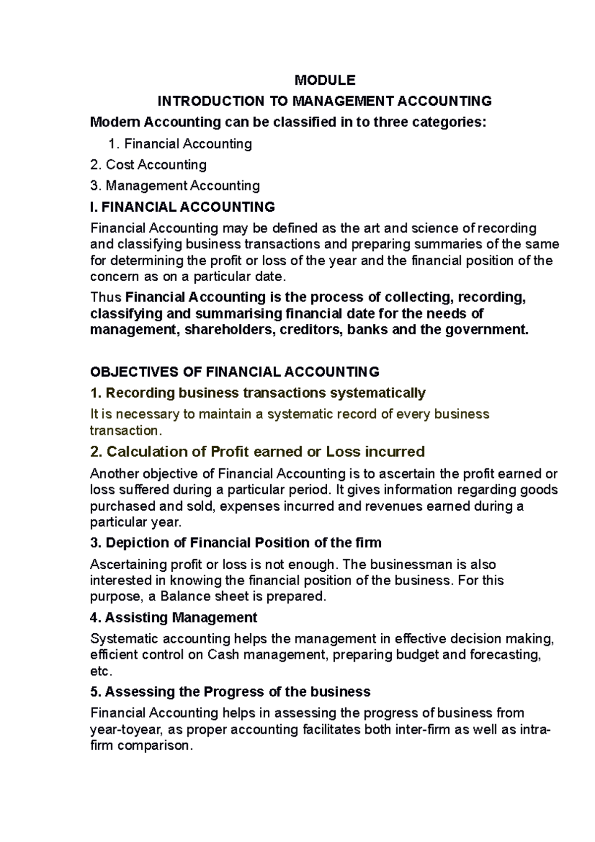 Management Module: Introduction to Financial and Cost Accounting - Studocu