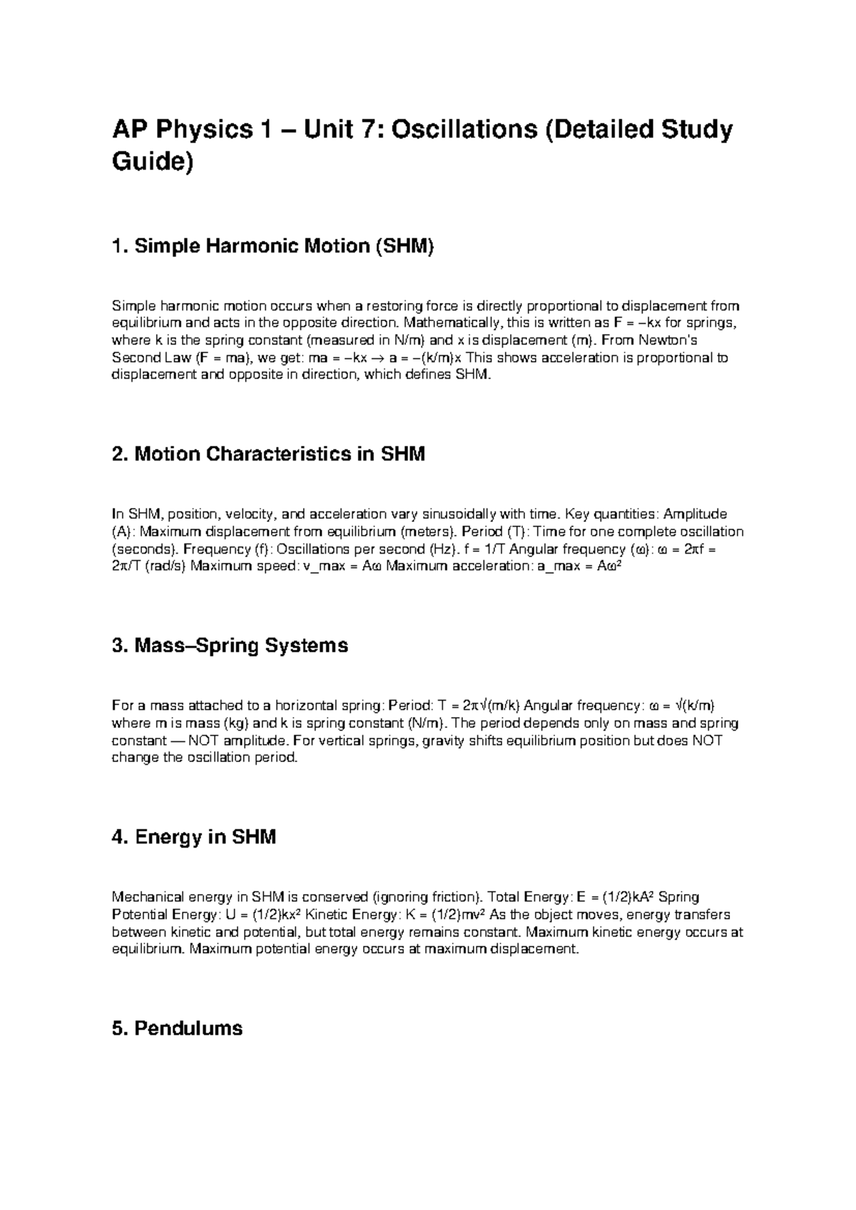 AP Physics 1 Unit 7: Oscillations - Comprehensive Study Guide - Studocu