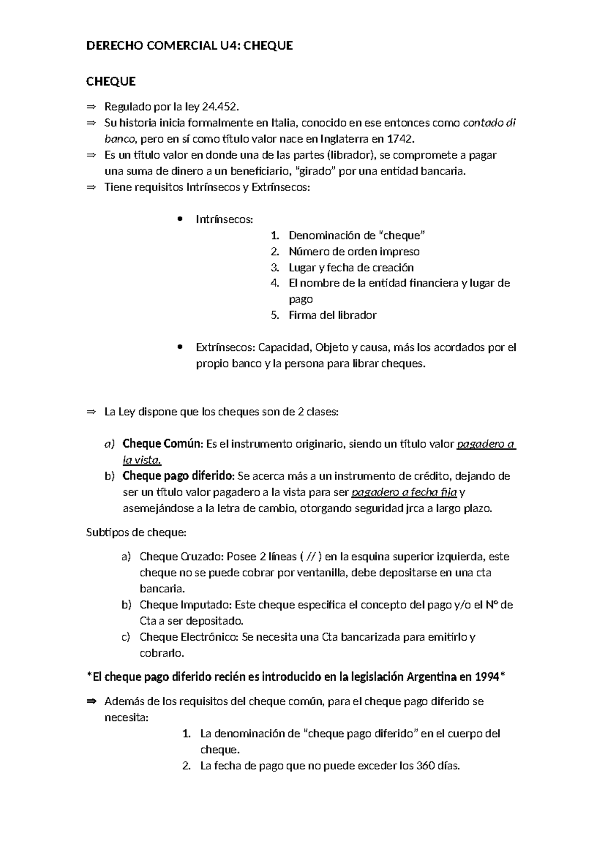 DERECHO COMERCIAL U4: ANÁLISIS DEL CHEQUE Y SU REGULACIÓN - Studocu