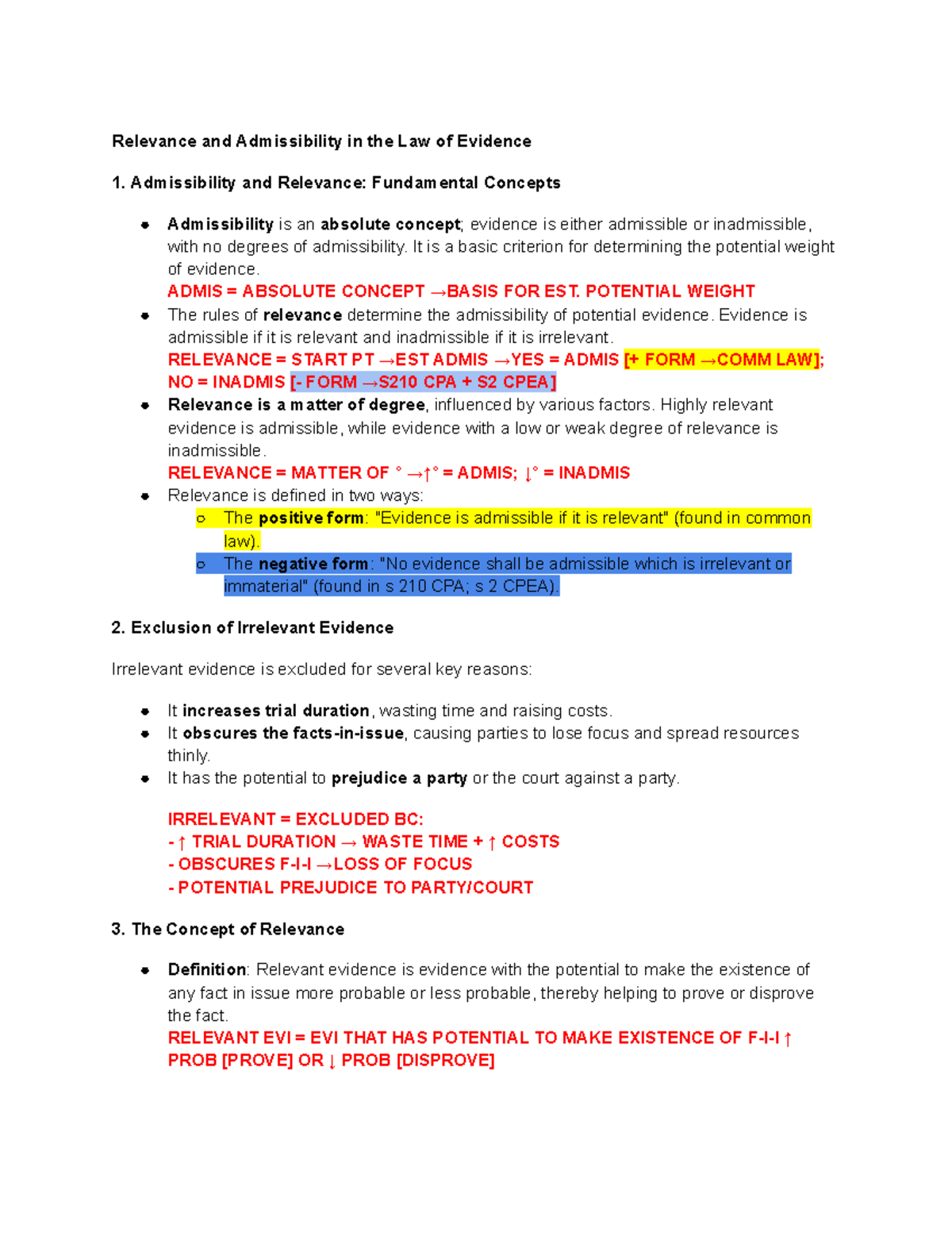 UNIT 2: Relevance and Admissibility in Evidence Law - Studocu