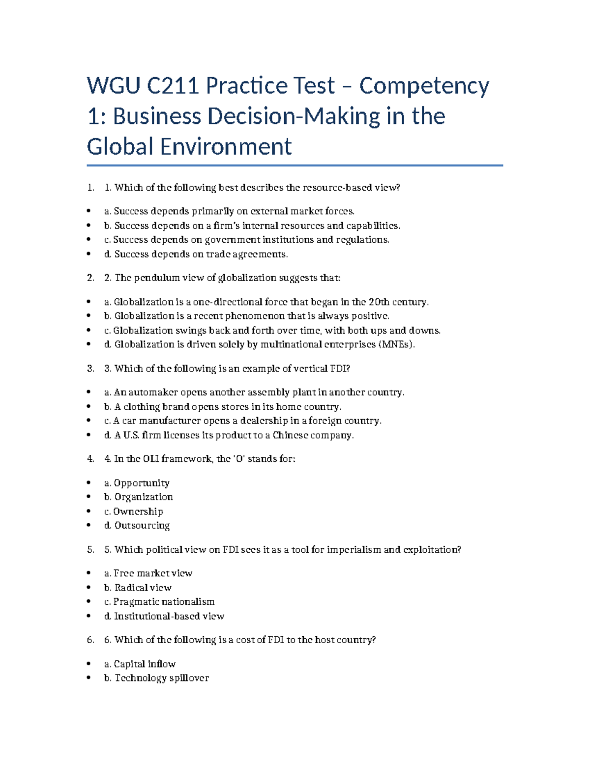 WGU C211 Competency 1 Practice Test: Business in Global Environment ...
