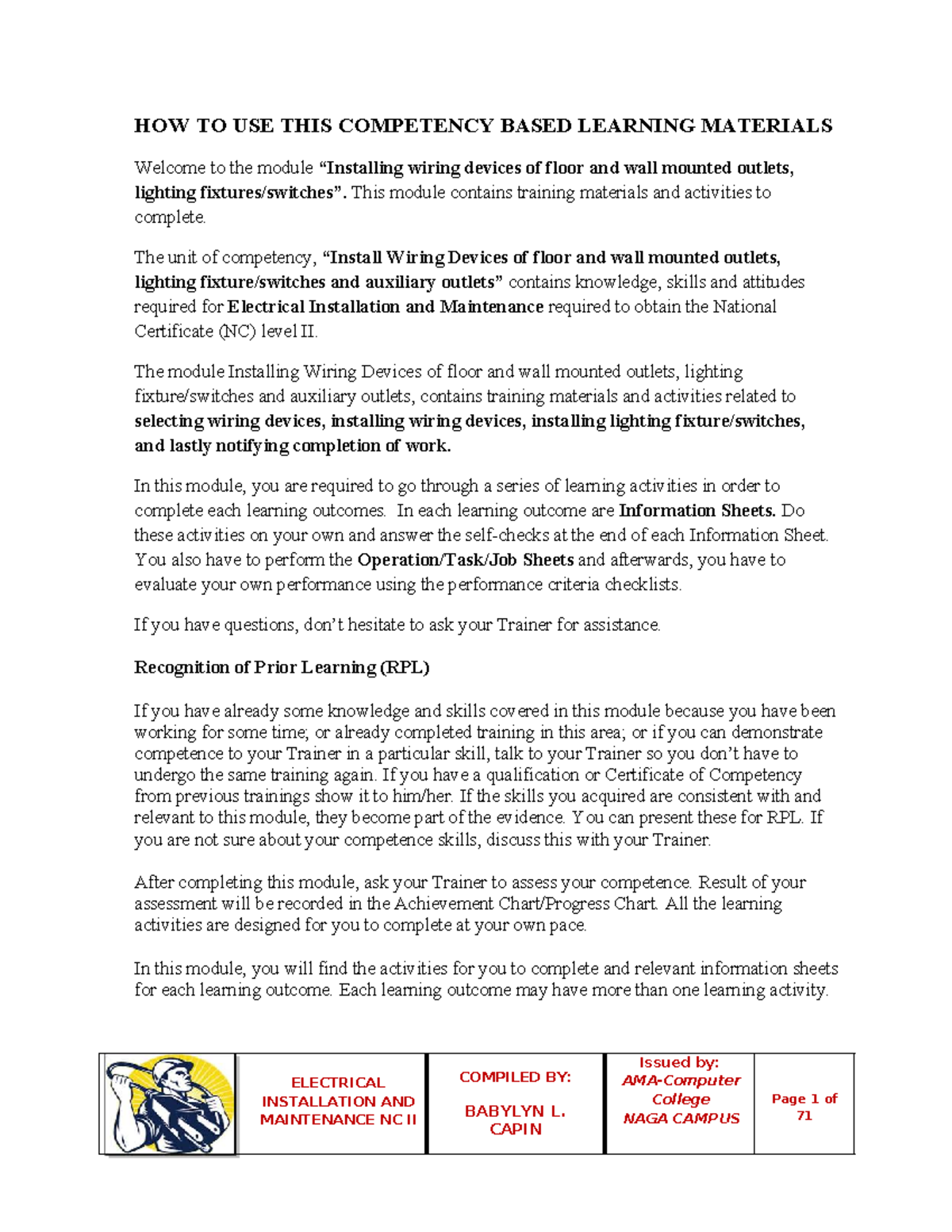 ELECTRICAL INSTALLATION AND MAINTENANCE NC II: Wiring Devices Module ...