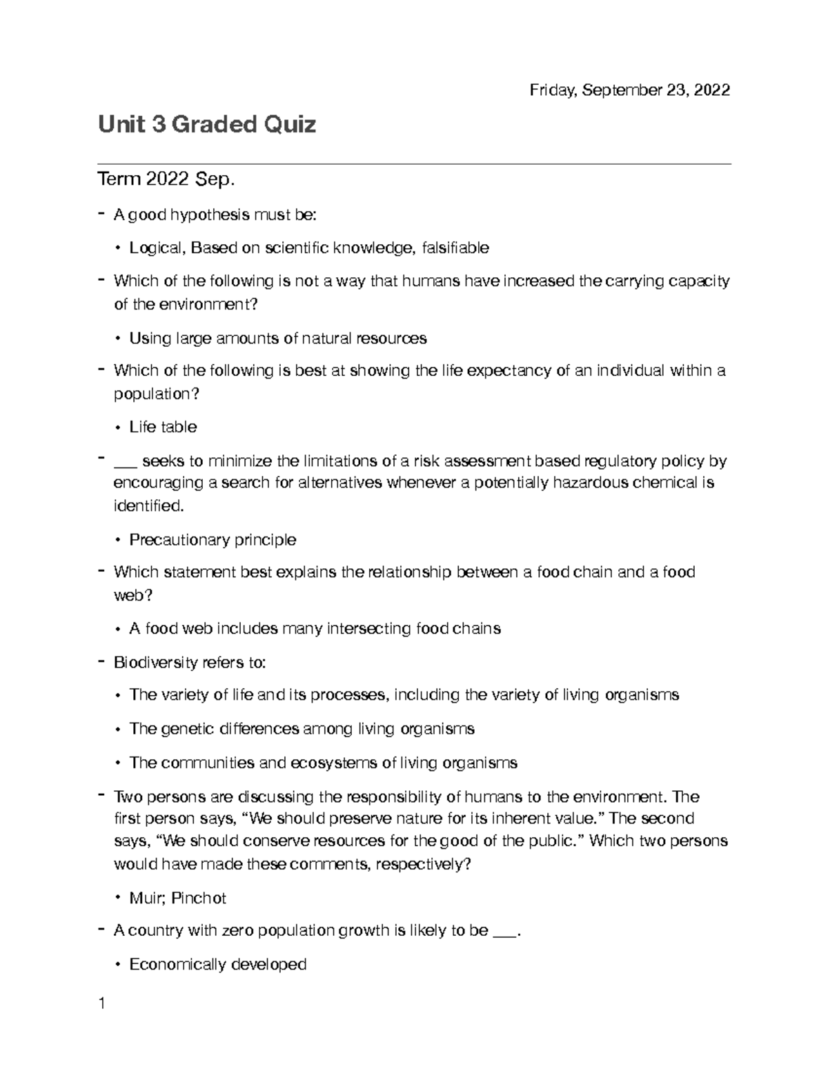 Unit 3 Graded Quiz - Environmental Science Insights - Studocu