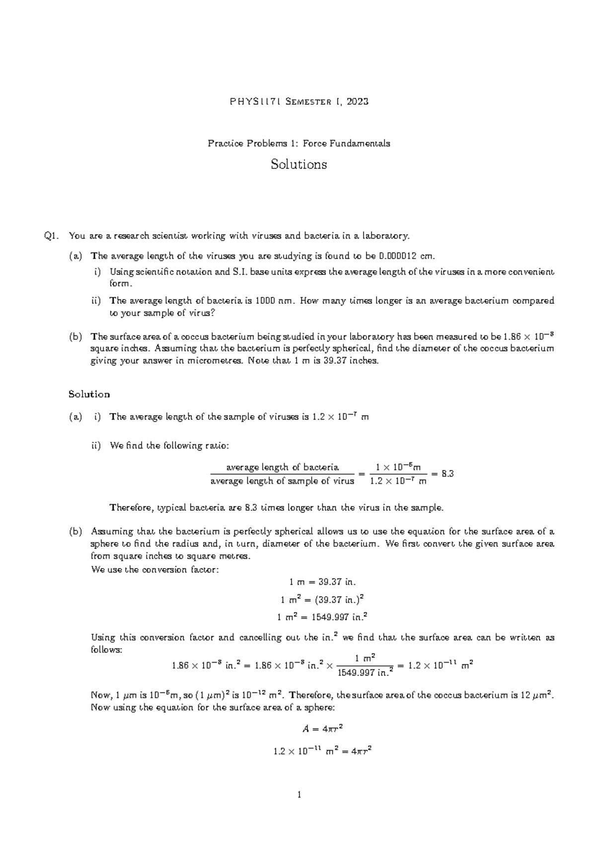 Phys1171 Sem I 2023: Force Fundamentals Practice Problems Solutions ...