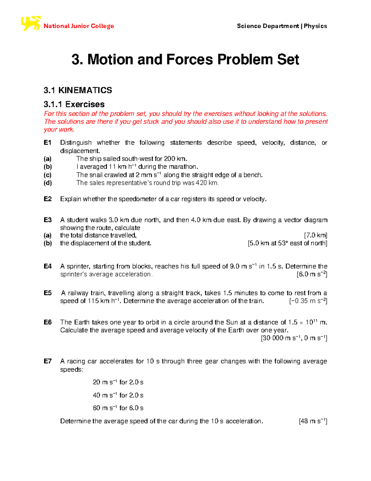 NJC Motion and Forces Problem Set 2025 - 3. Motion and Forces Problem ...