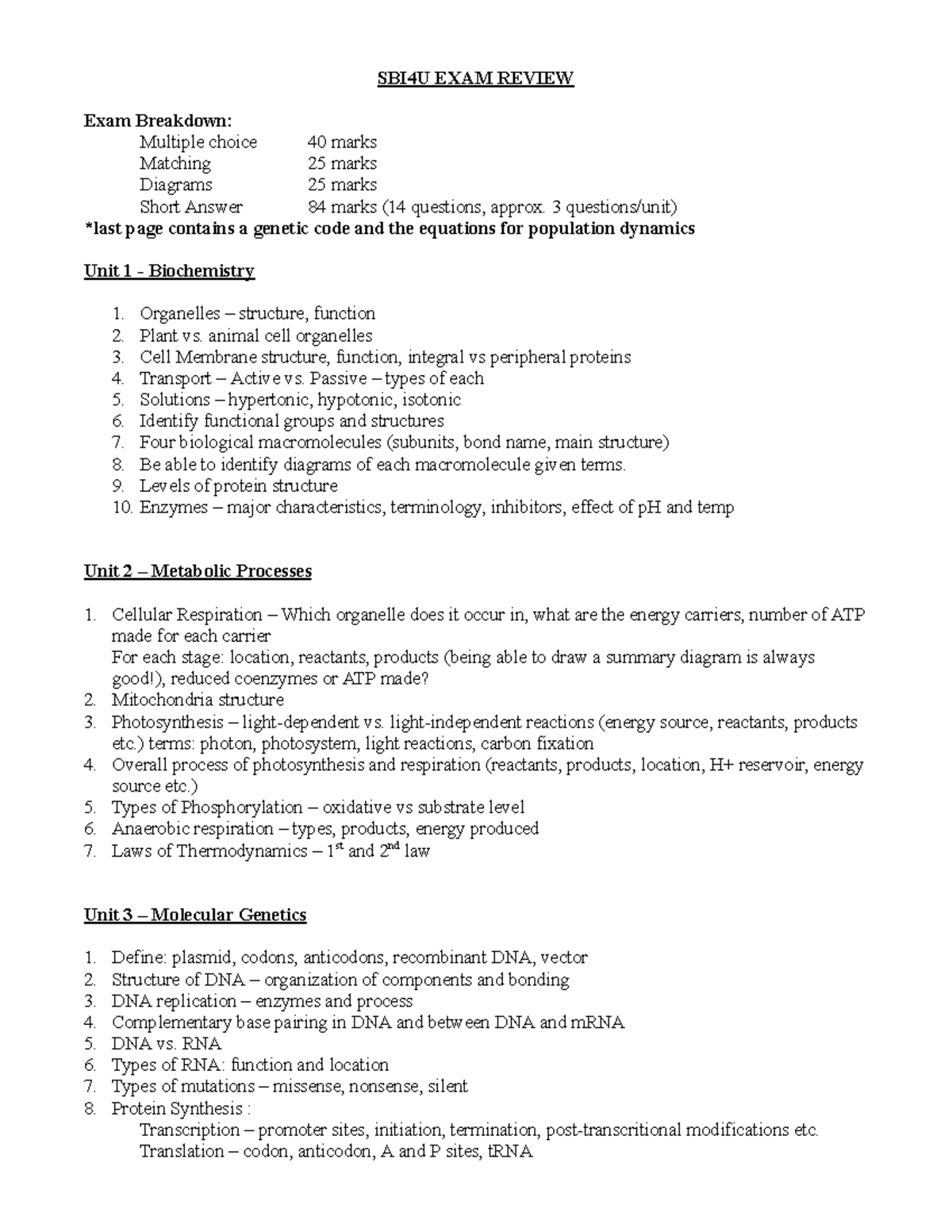 SBI4U Final Exam Review Topics - Key Areas for Jan'23 Exam - Studocu