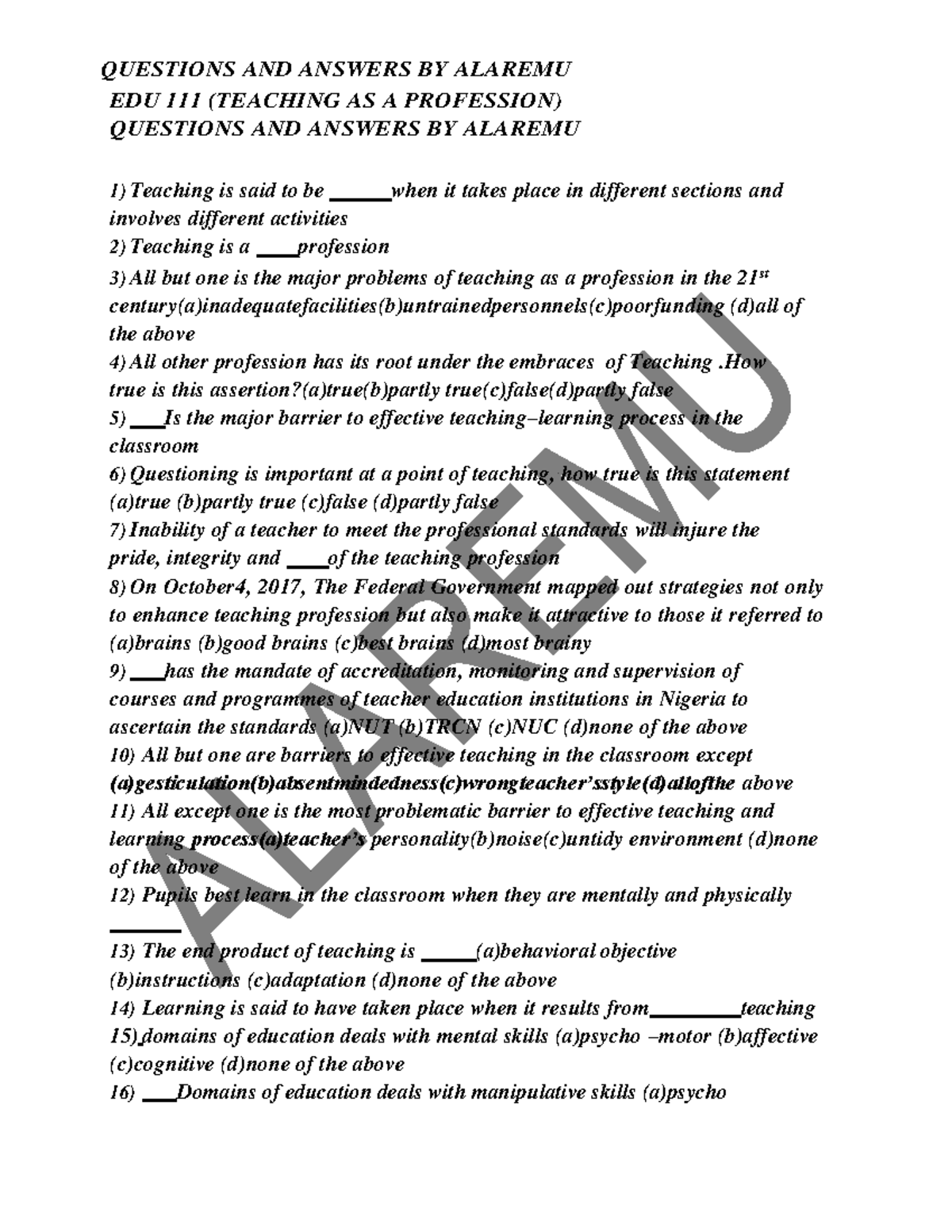 EDU111 Teaching as a Profession: Questions and Answers by Alaremu - Studocu