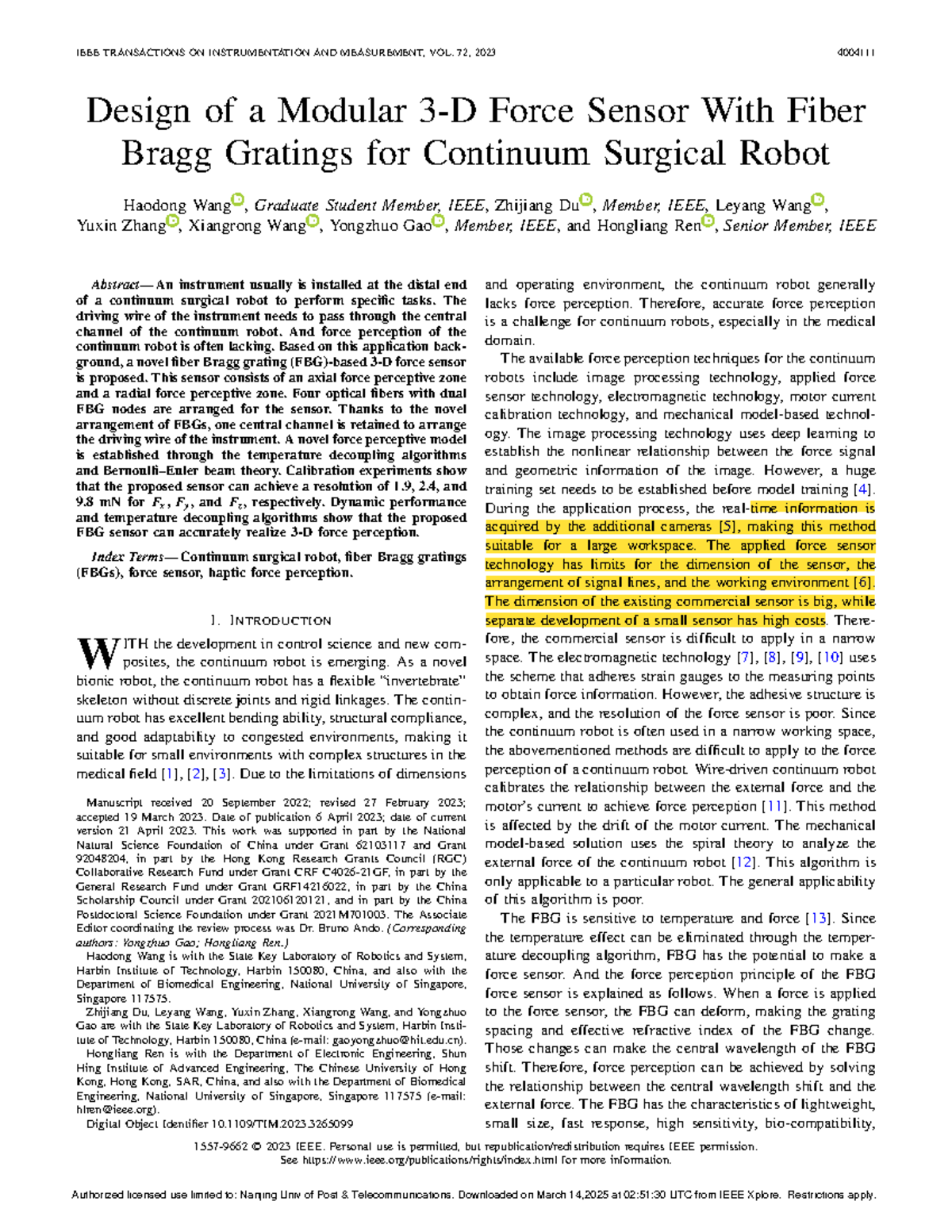 Design of a Modular 3D Force Sensor with FBGs for Continuum Surgical ...