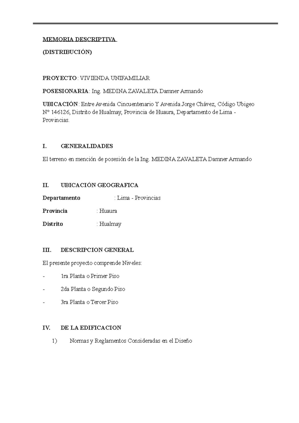 Memoria Descriptiva del Proyecto de Vivienda Unifamiliar - Lima - Studocu