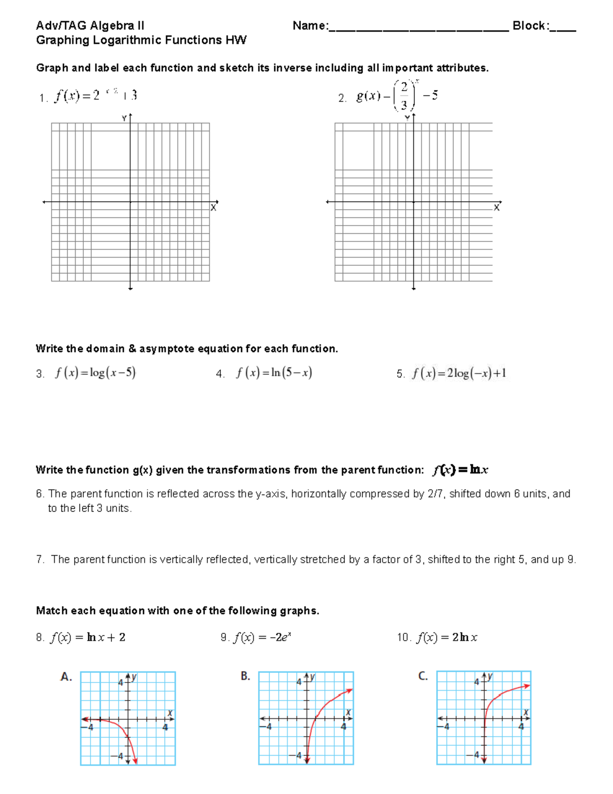 Algebra II HW: Graphing Logarithmic Functions & Inverses - Studocu