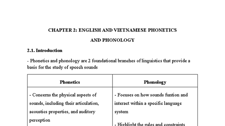 CHAPTER 2: COMPARATIVE STUDY OF ENGLISH AND VIETNAMESE PHONETICS - Studocu