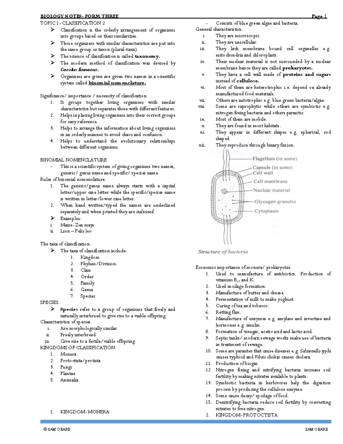 Form 3 Biology Notes: Classification and Taxonomy Concepts - Studocu