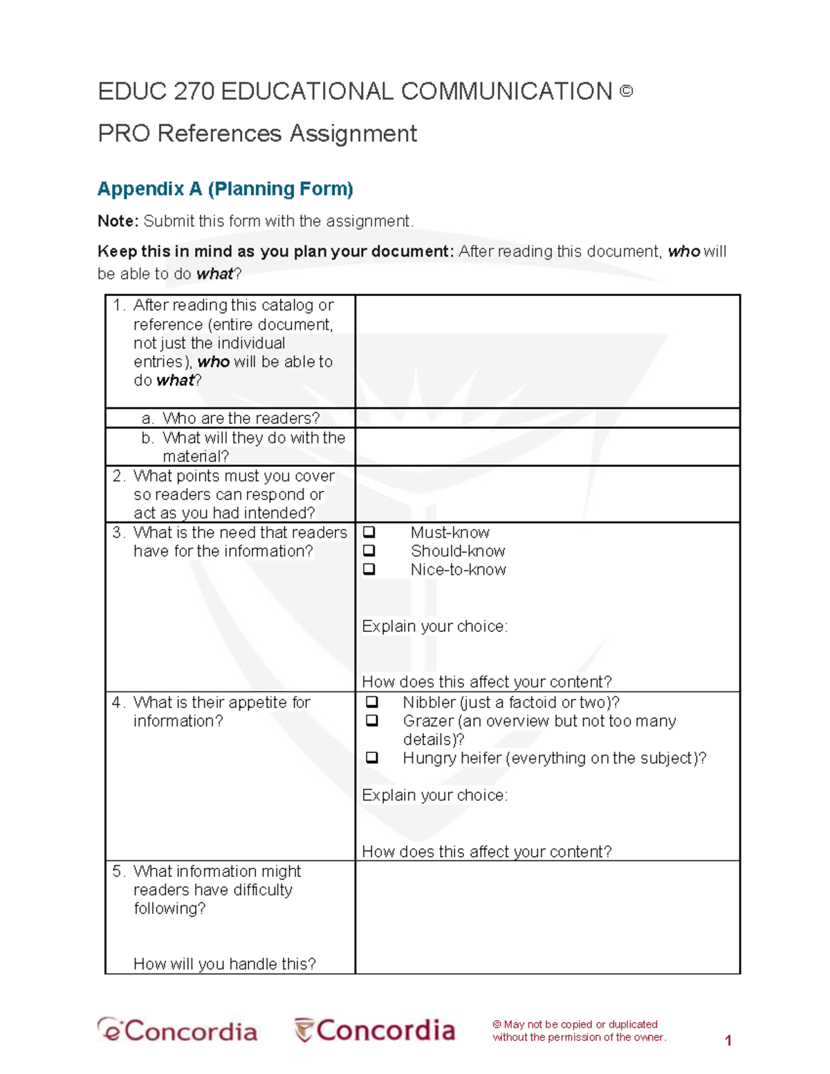 EDUC 270 Reference Assignment Appendix A: Planning Form Guide - Studocu