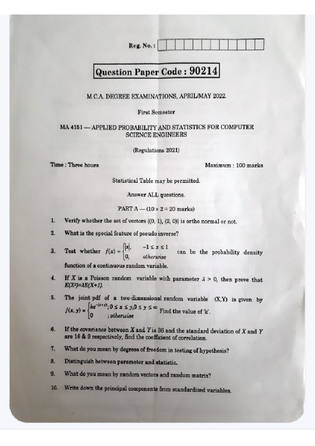MA4151 Previous Year Questions - Applied Probability & Statistics 2022 ...