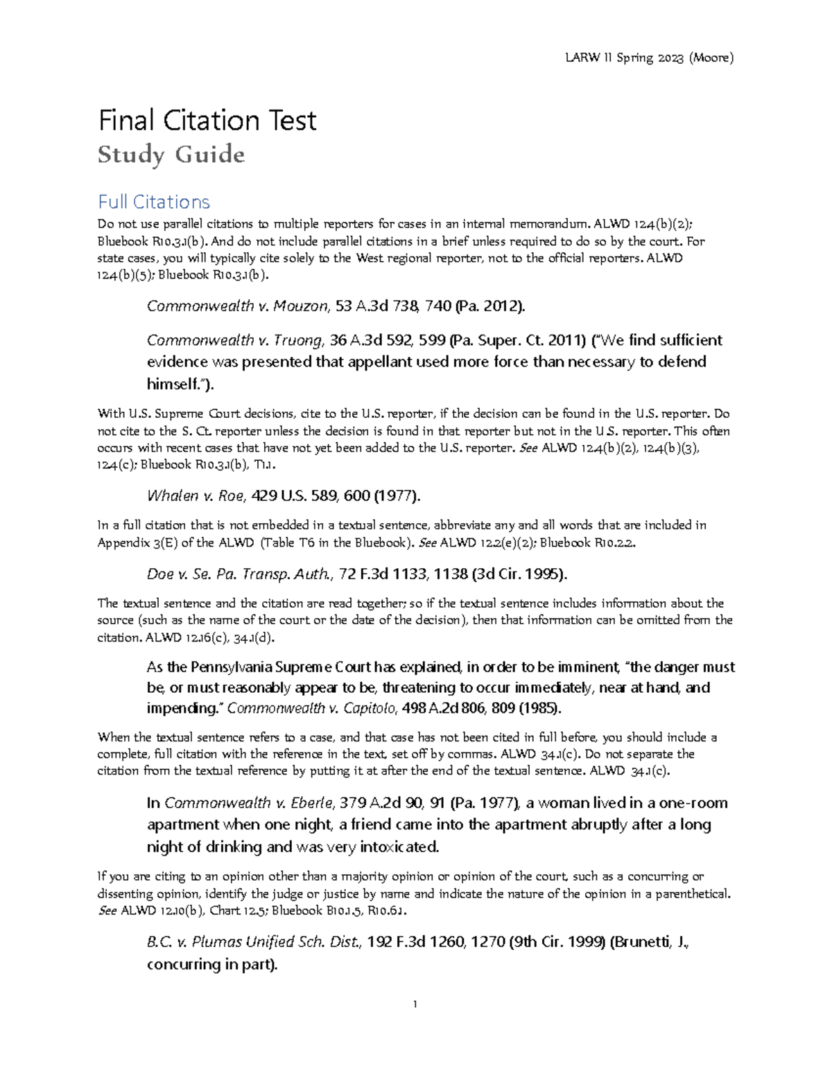 Final Exam Study Guide for Citation Test (Course Code: ALWD) - Studocu