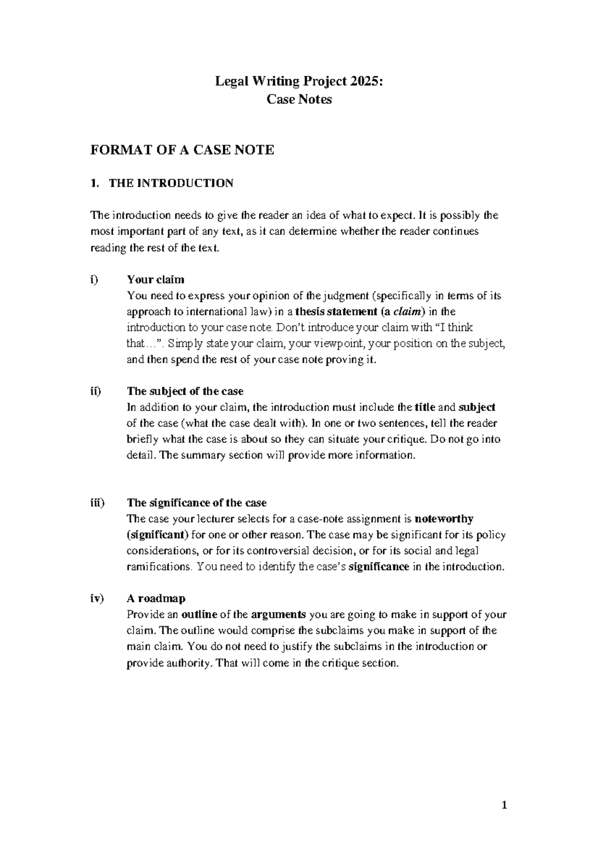 Legal Writing Project 2025: Case Notes Instructions and Format - Studocu