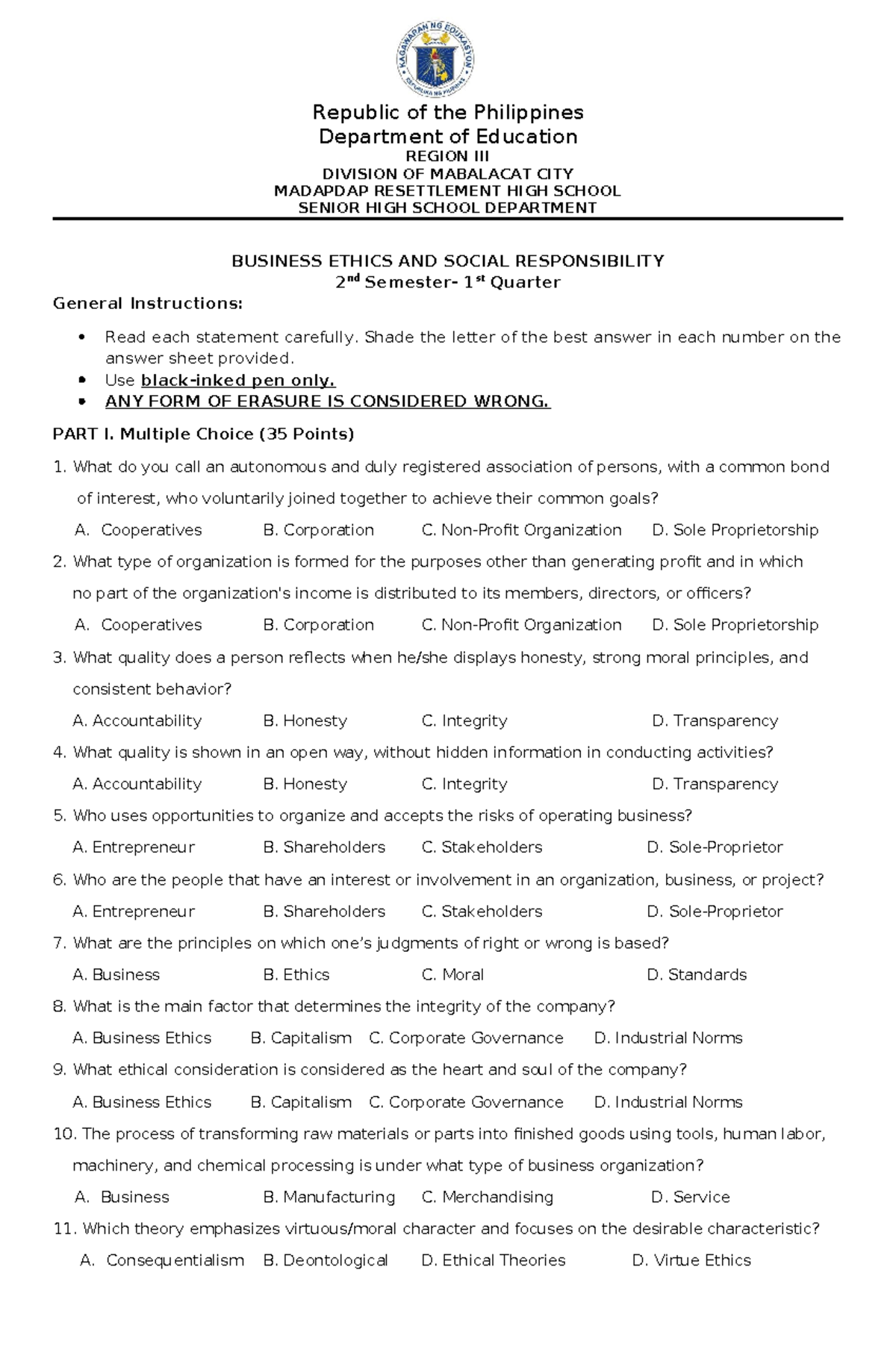 Business Ethics and Social Responsibility 2nd Quarter Exam Answer Key ...