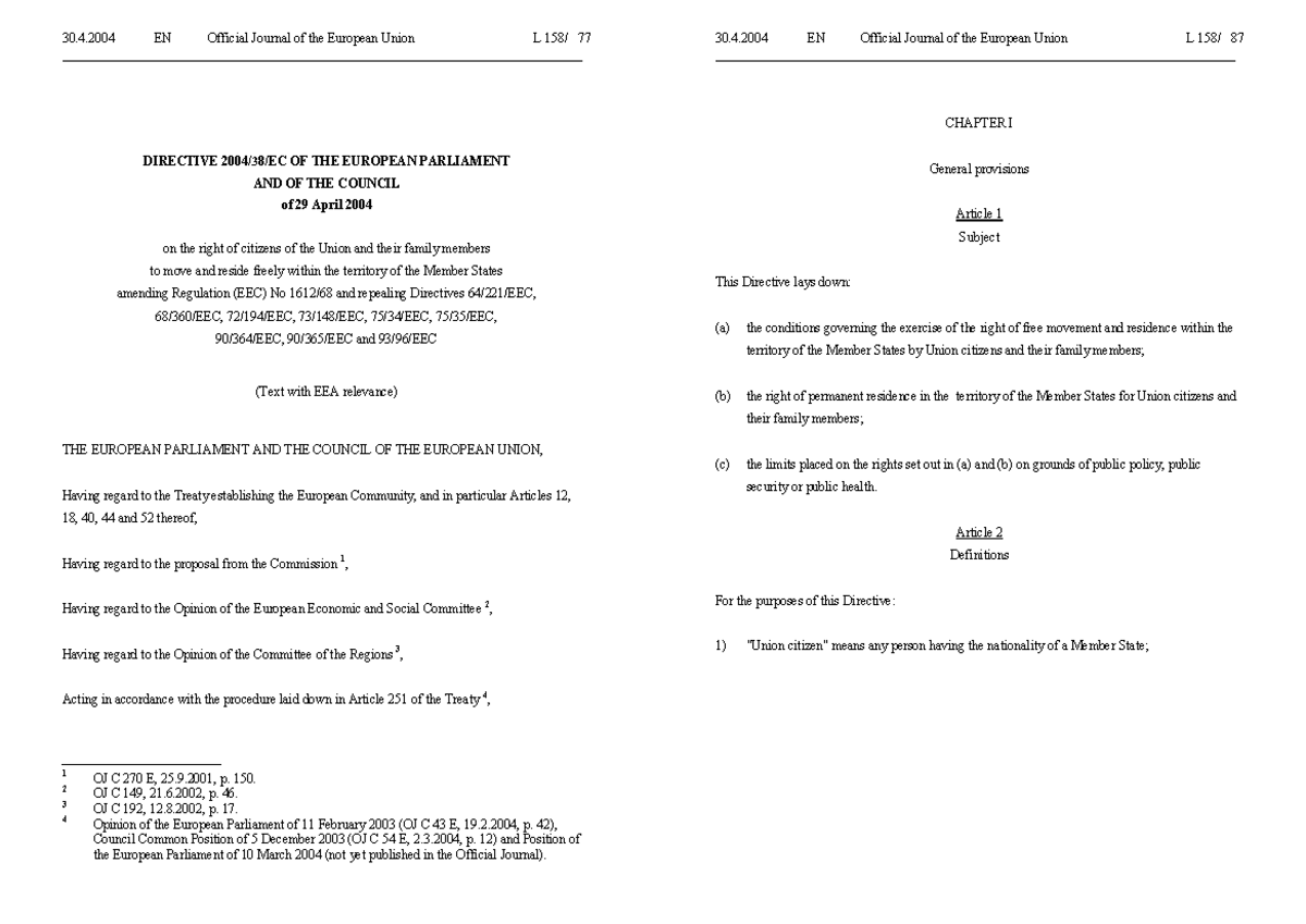 Directive 2004/38: Rights of EU Citizens and Family Members - Studeersnel