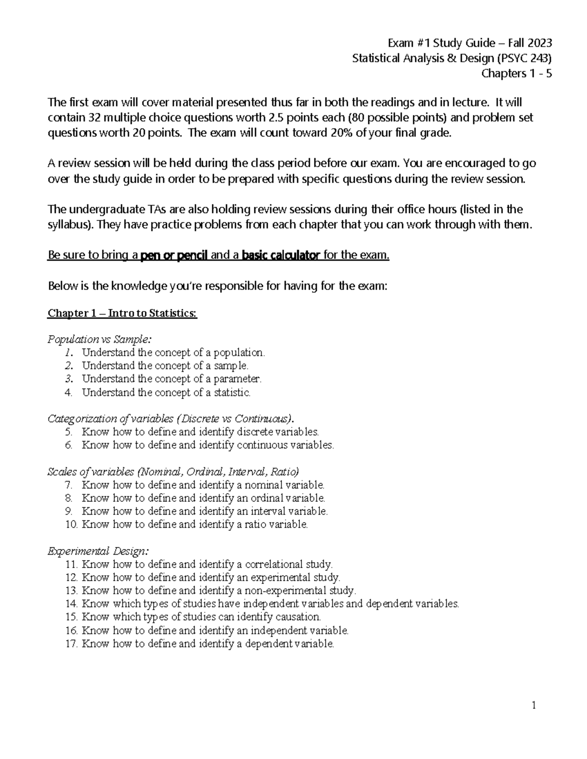 Exam 1 Study Guide - Stats - Fall 2023 - Statistical Analysis & Design ...