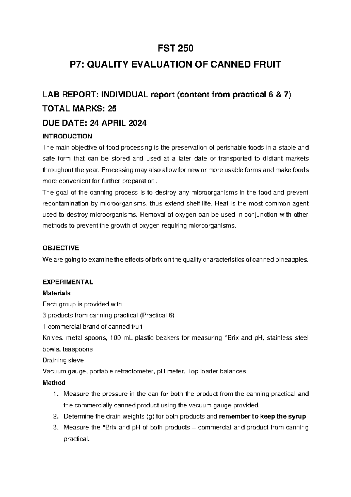 FST 250 P7 Lab Report: Quality Evaluation of Canned Fruit - Studocu