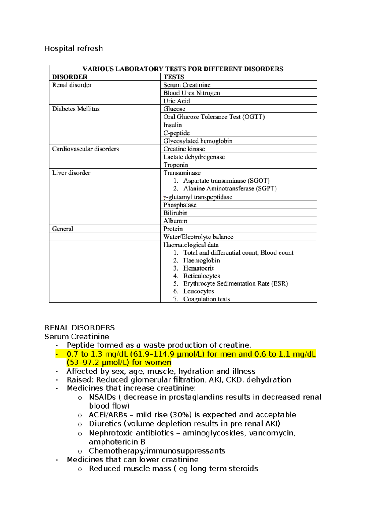 Hospital Refresh: Renal Disorders & Lab Values Overview - Studocu