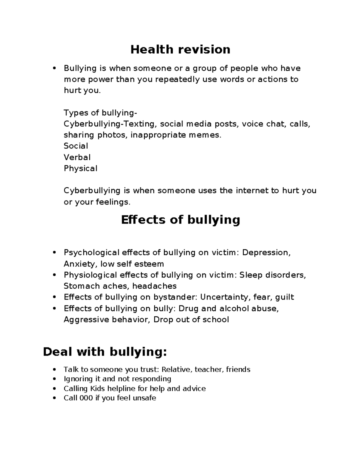 Health - Revision Notes on Bullying and Its Effects - Studocu