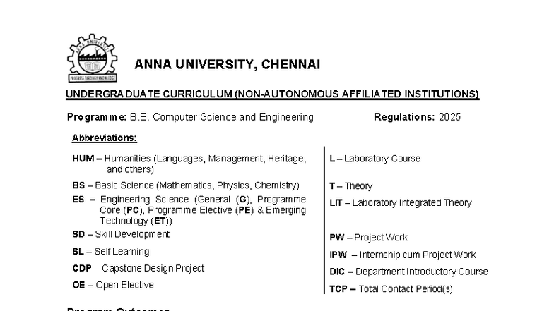 BE CSE - Syllabi - ANNA UNIVERSITY, CHENNAI UNDERGRADUATE CURRICULUM ...
