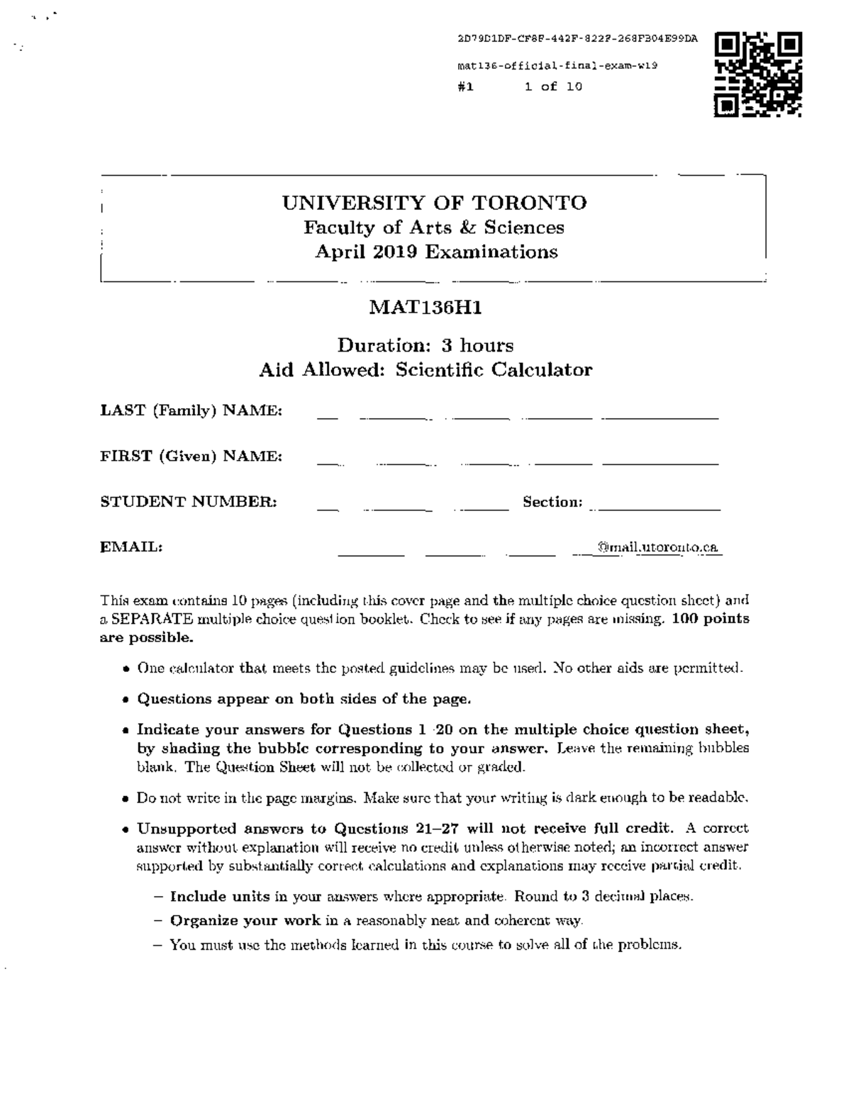 MAT136H1 - April 2019 Official Final Exam Questions and Guidelines ...