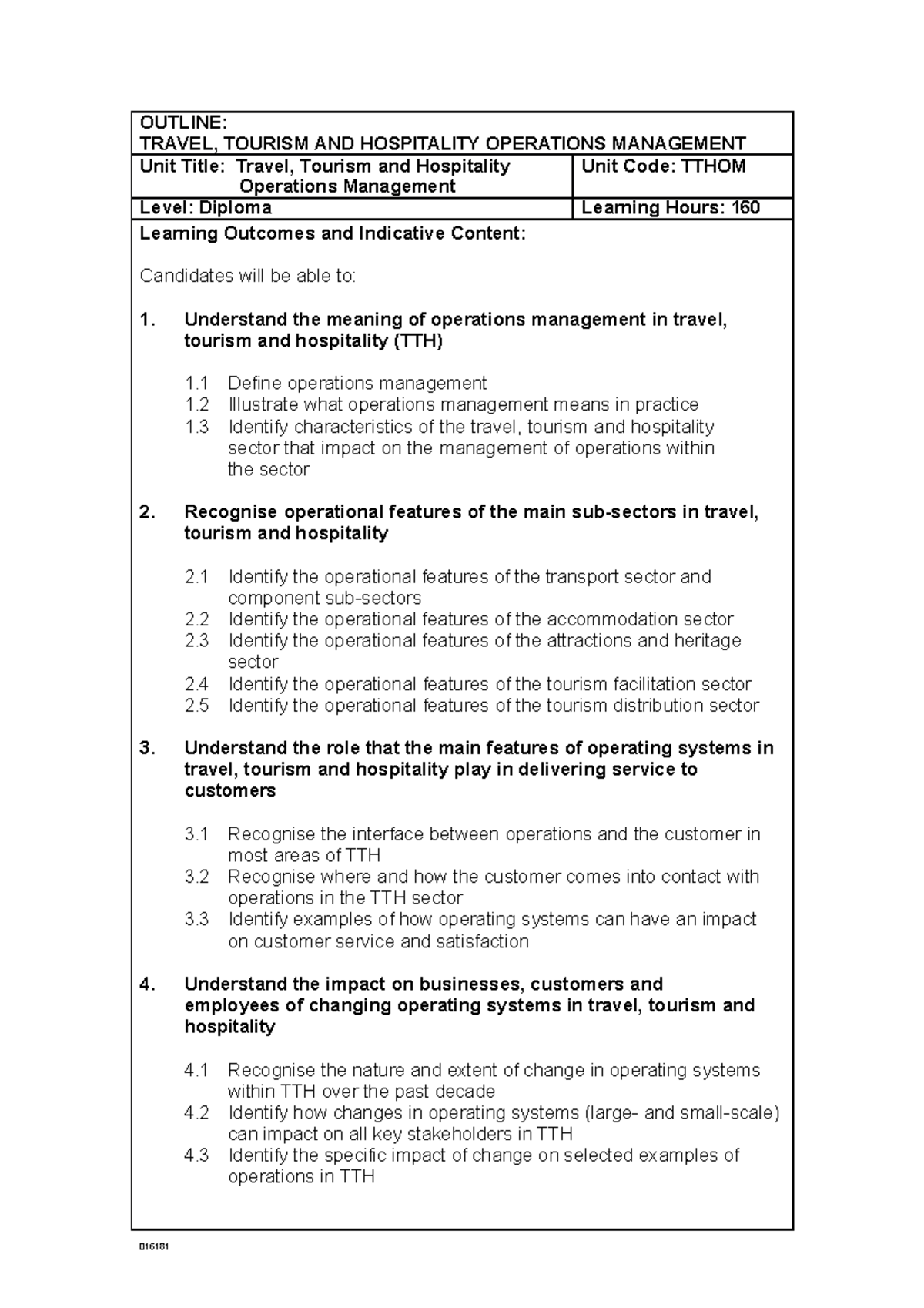 Outline: TTHOM Travel, Tourism & Hospitality Operations Management ...