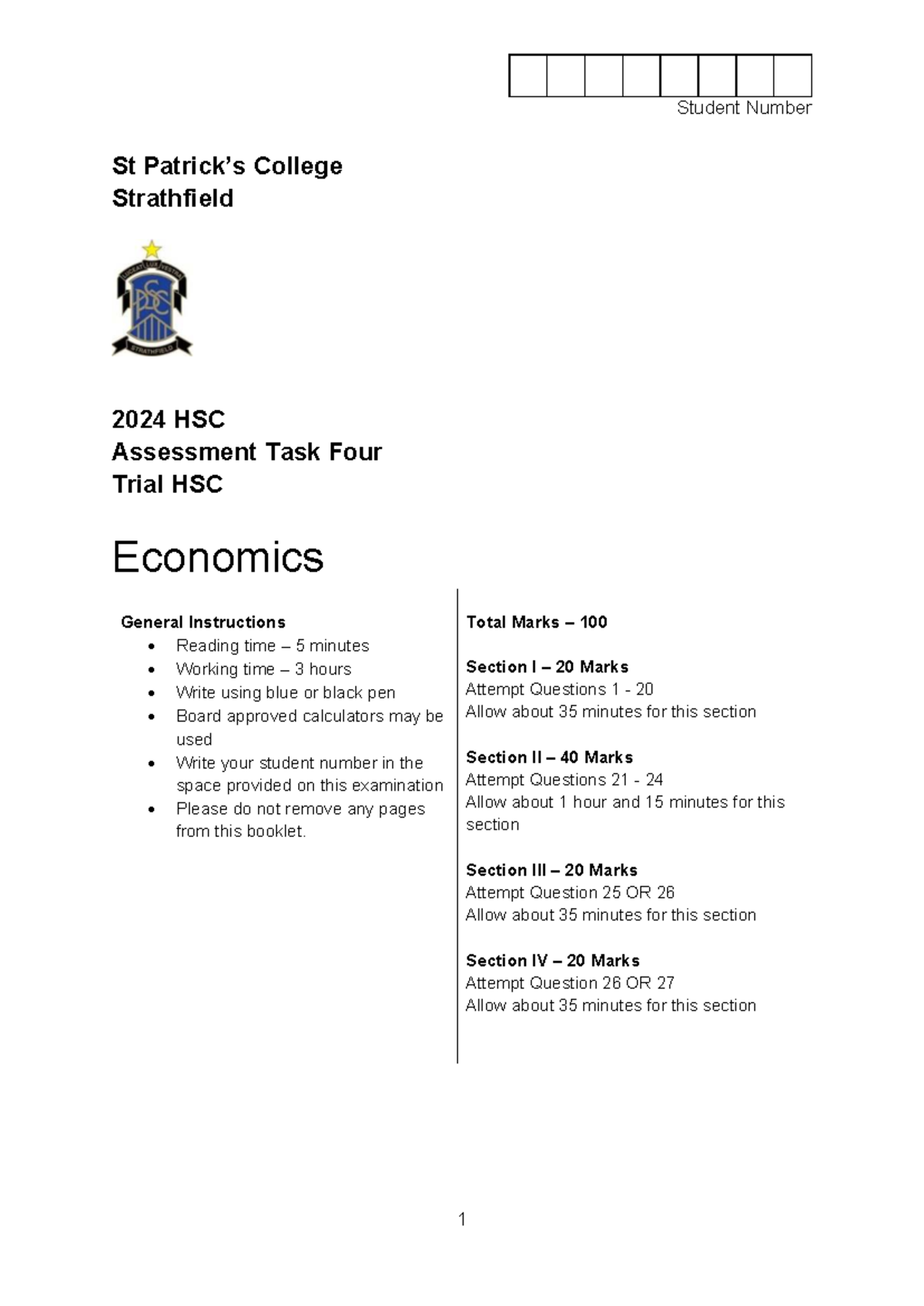 2024 HSC Economics Trial Exam - St College Strathfield - Studocu