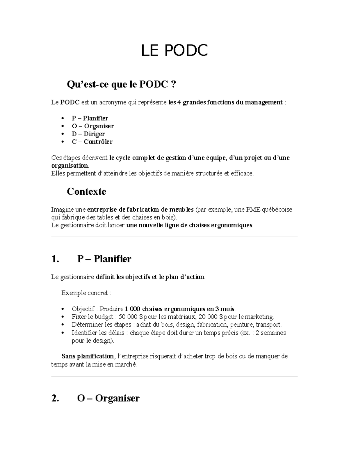 LE PODC : Note de Cours sur les Fonctions du Management - Studocu