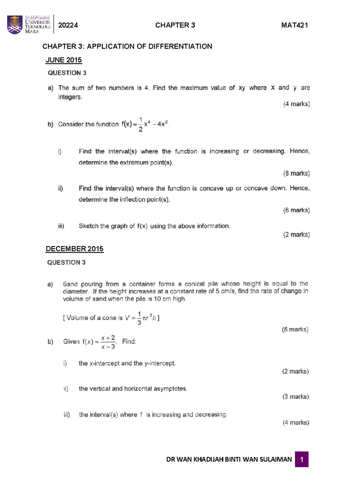 Tutorial - Chapter 3 - Applications of Differentiation - Studocu