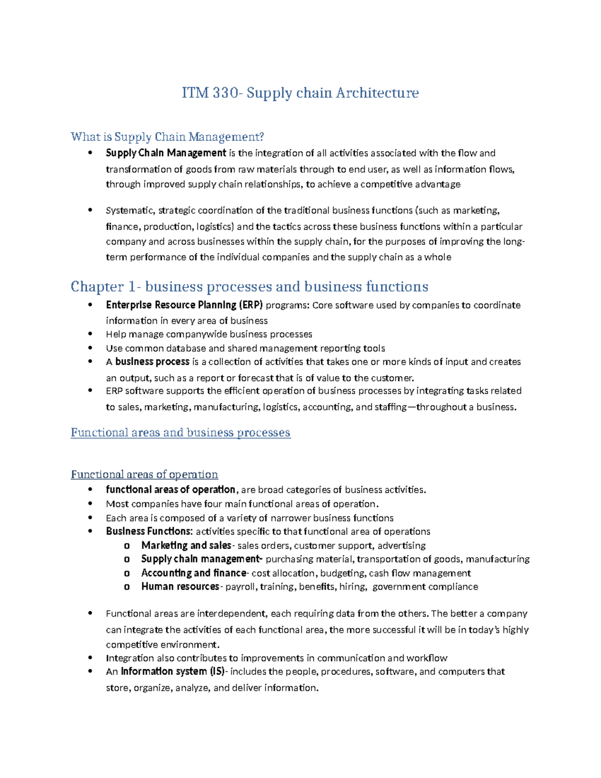 ITM 330 supply chain notes - ITM 330- Supply chain Architecture What is ...