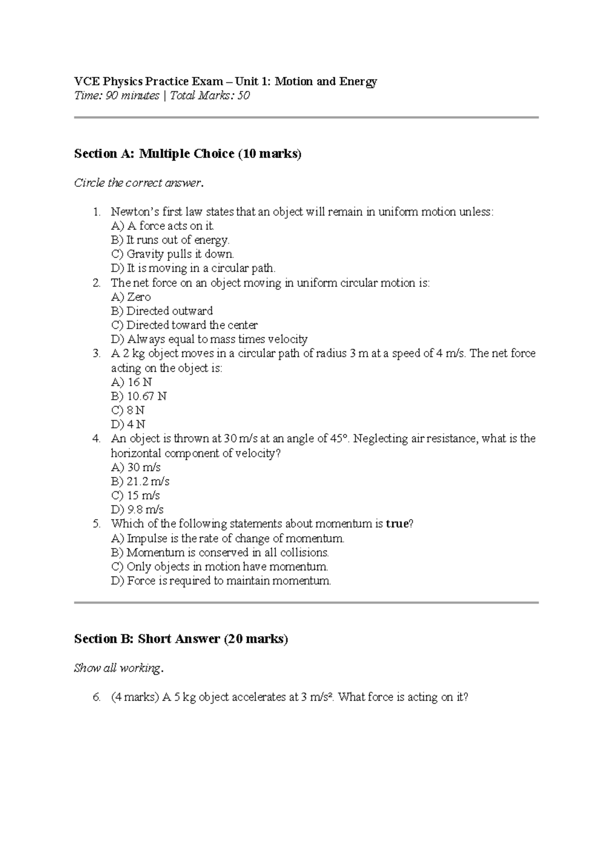VCE Physics Unit 1 Motion and Energy Practice Exam Questions - Studocu