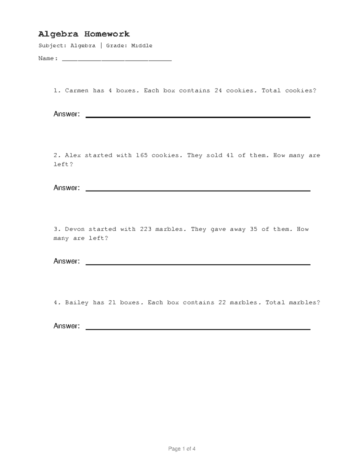 Algebra Homework 5 - Middle School Practice Problems - Studocu