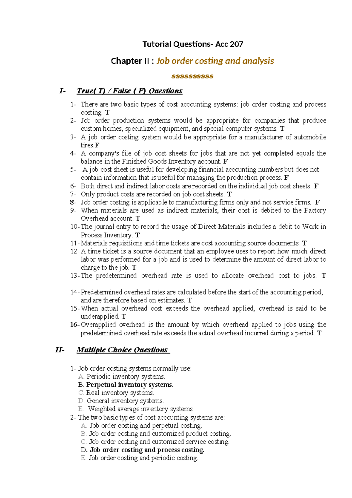 Acc 207 Tutorial: Chapter II Job Order Costing & Analysis Q&A - Studocu