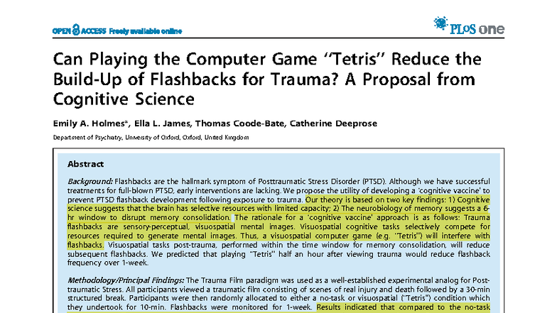 Cognitive Science Proposal: Reducing PTSD Flashbacks via Gaming (PSY ...