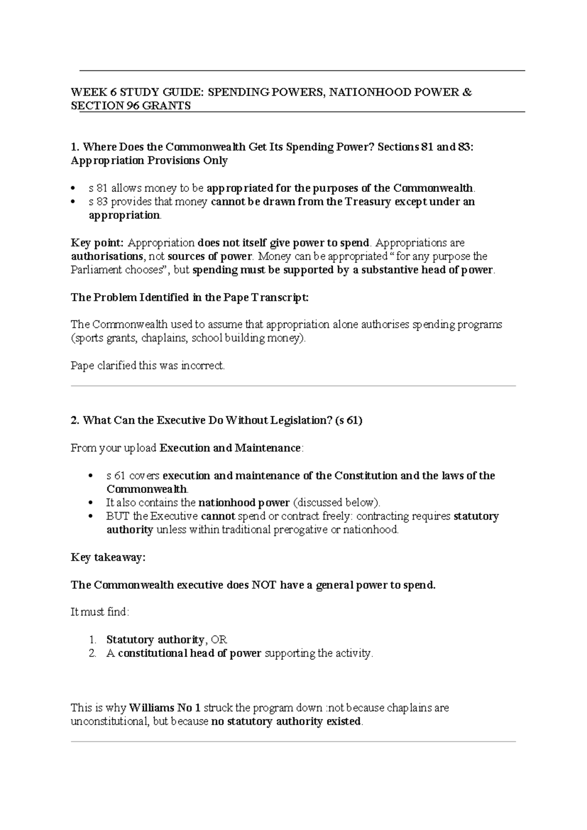 WEEK 6 STUDY NOTES: COMMONWEALTH SPENDING POWER & SECTION 96 - Studocu