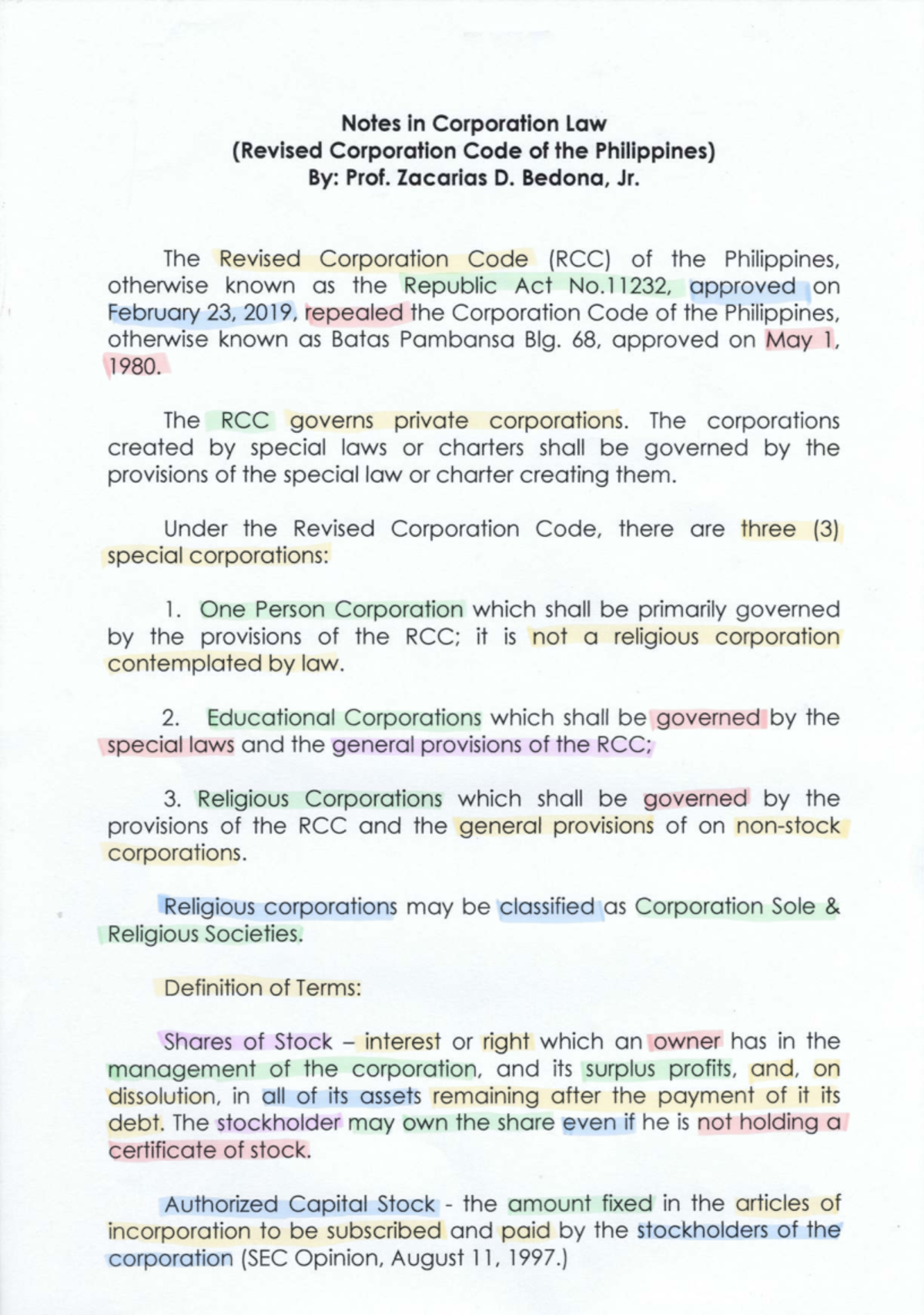 Corpo Notes - Reviewer on Revised Corp Code of the Philippines (Law 101 ...