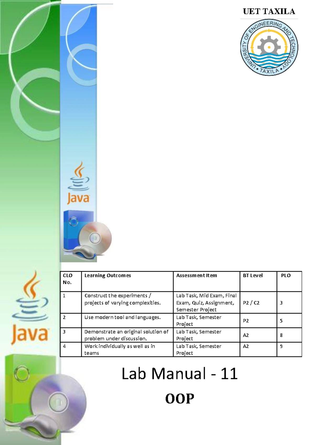 Lab 11 Java 2k24 Part1 Interface - UET TAXILA Lab Manual - 11 OOP CLO ...