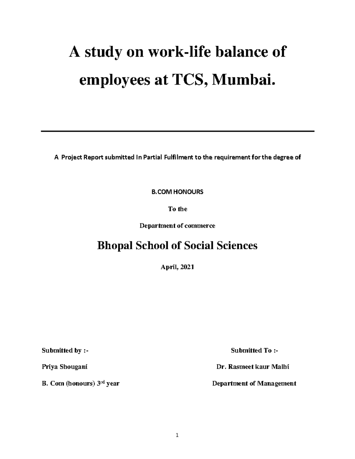 Work-Life Balance Analysis at TCS: B.COM (Hons) Project Report - Studocu