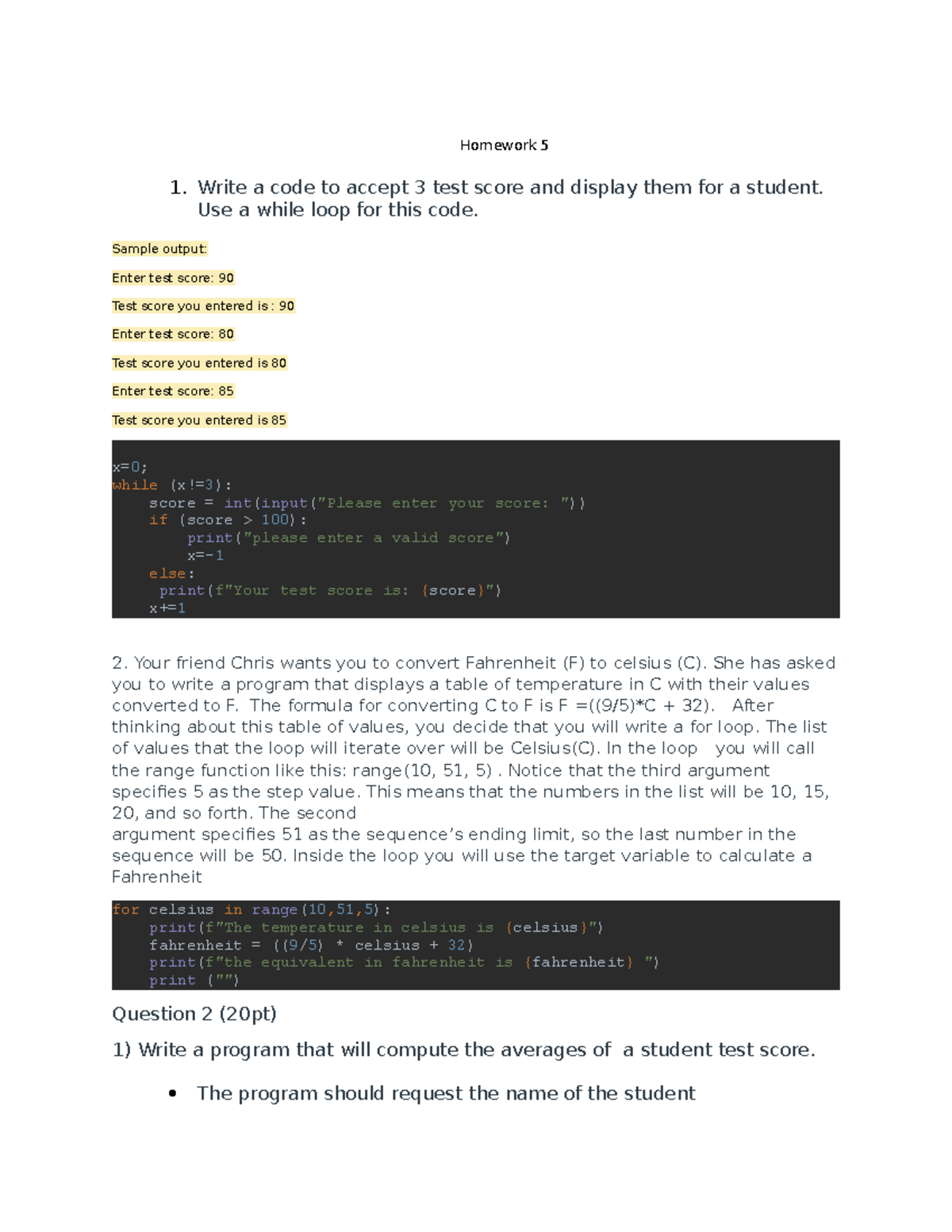 Homework 5 - Programming Solutions for Test Scores and Conversion - Studocu