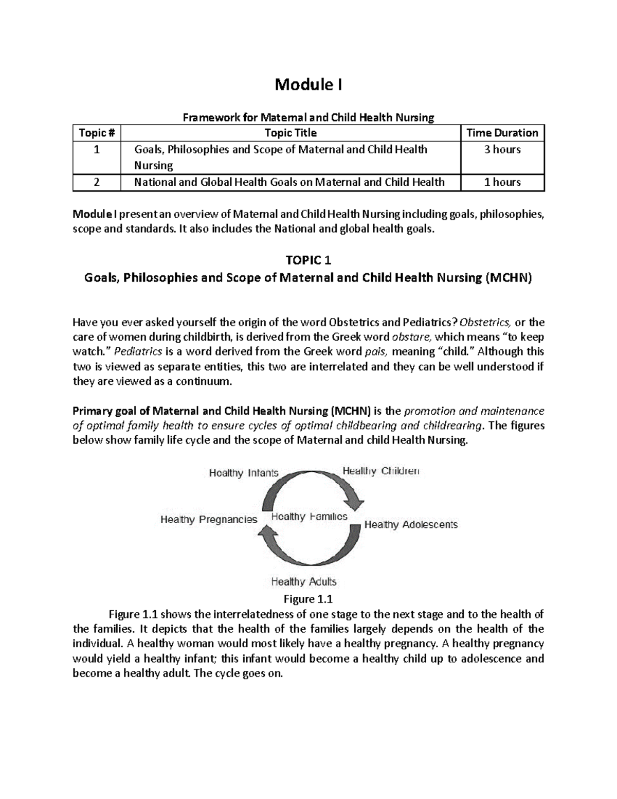 Topic 1 & 2 - Framework - Module I Framework for Maternal and Child ...