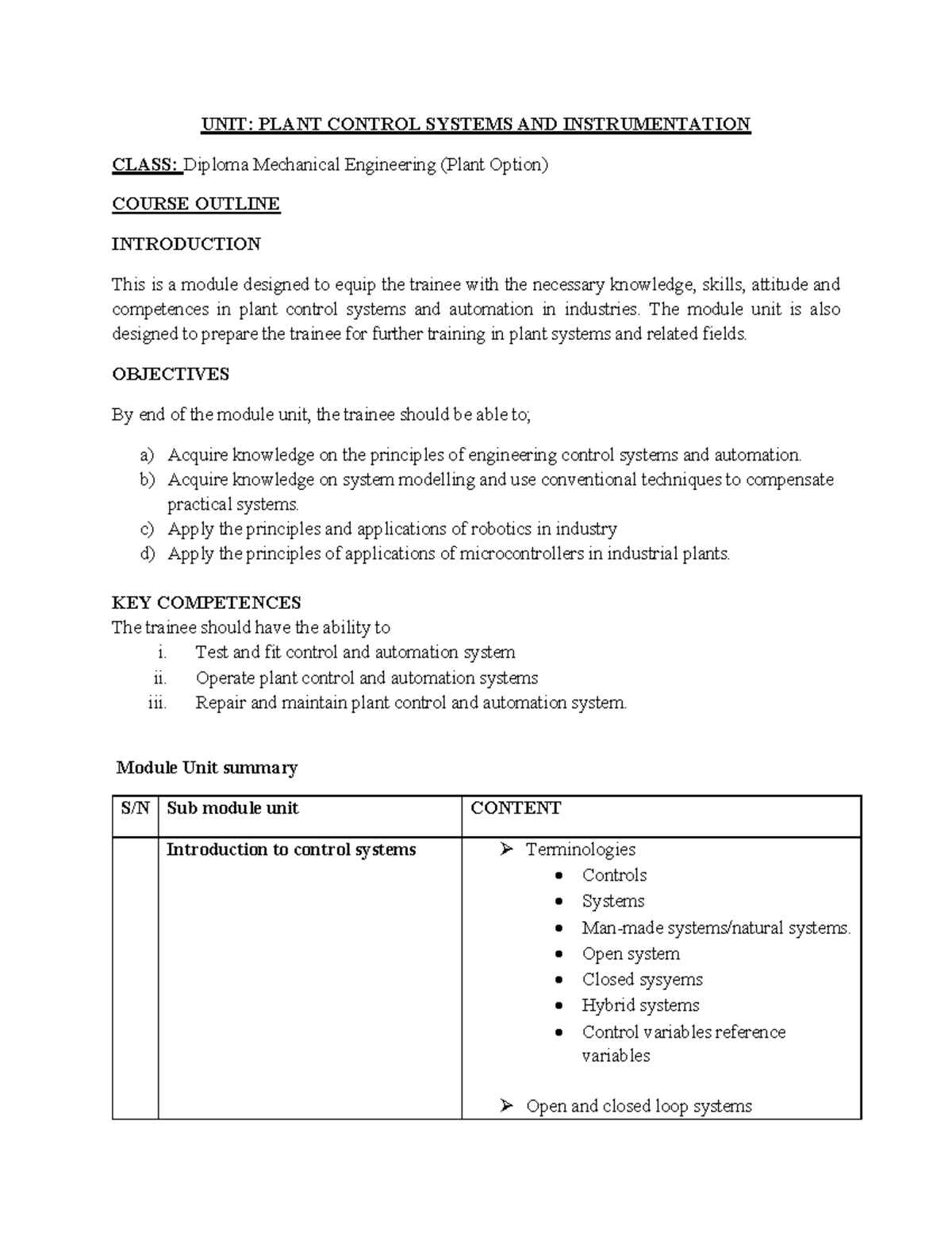 Control Systems Course Content - Diploma in Mechanical Eng. (Plant ...