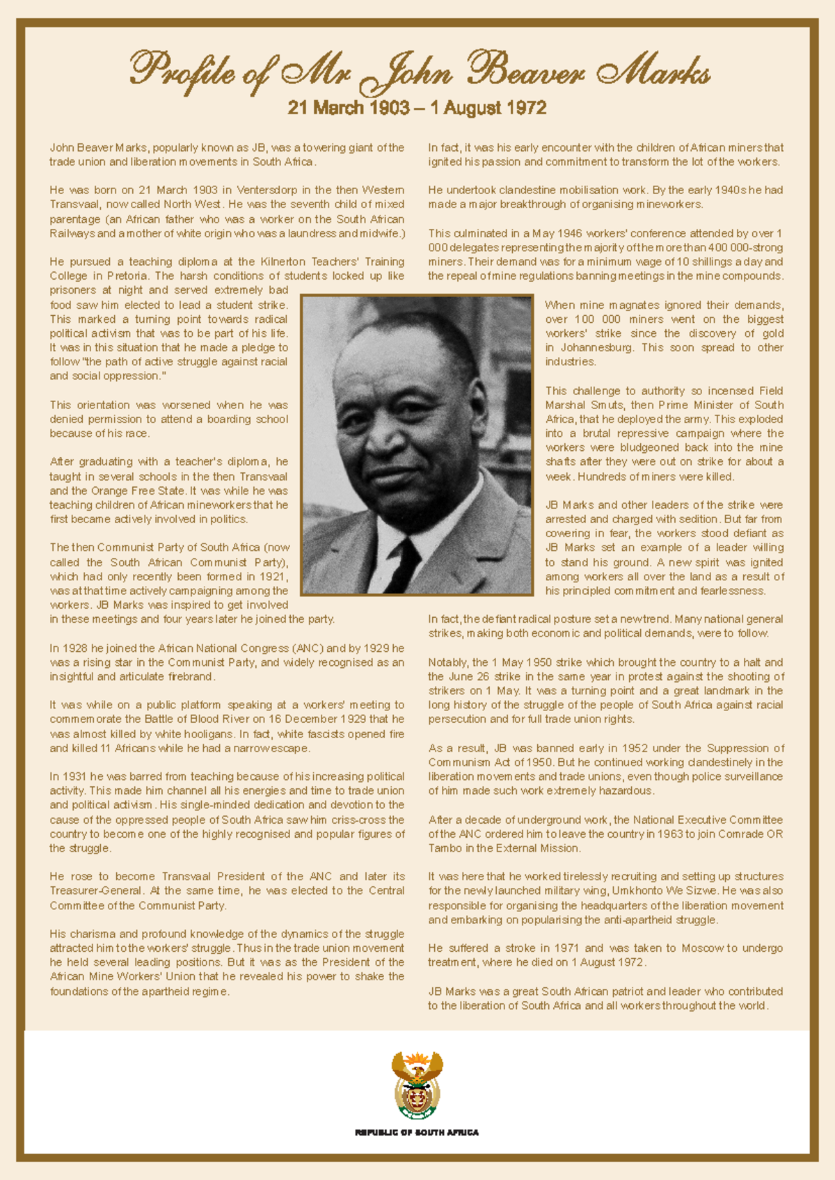 JB Marks: A Pioneering Figure in South African Labor History - HISTORY ...