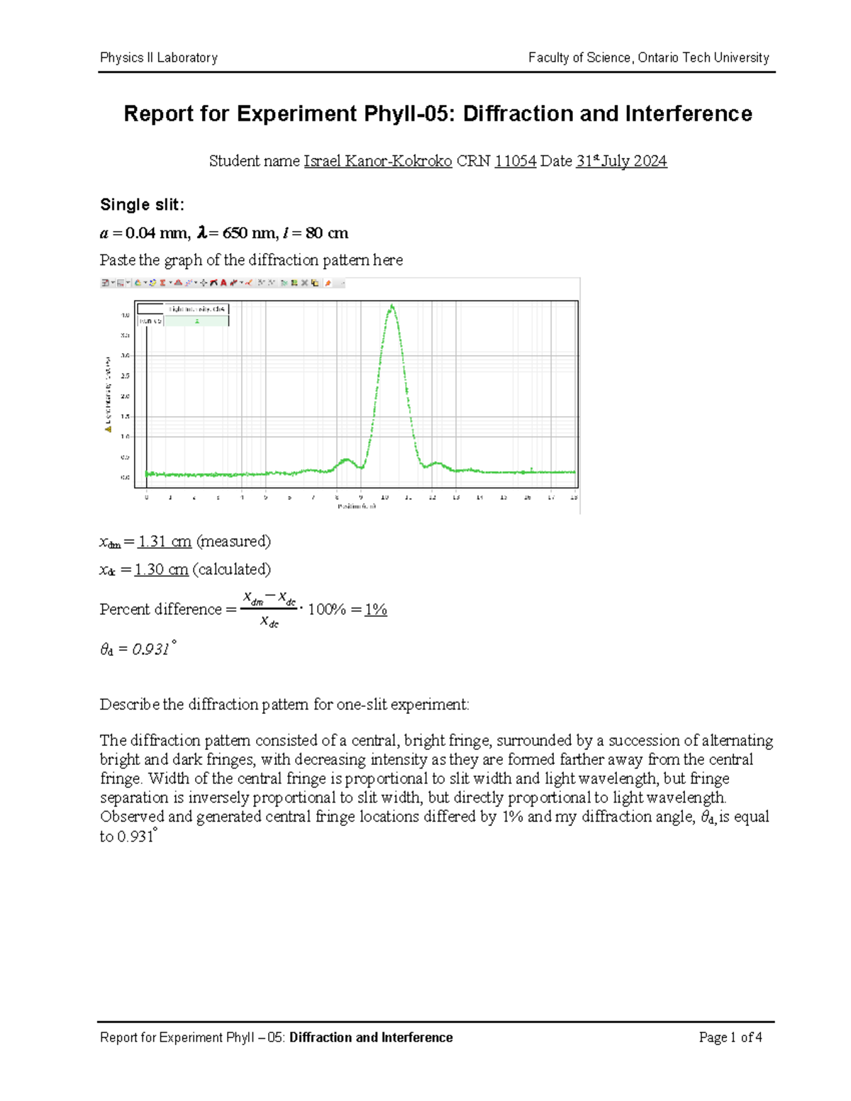 Report Diffraction - Report for Experiment PhyII-05: Diffraction and ...